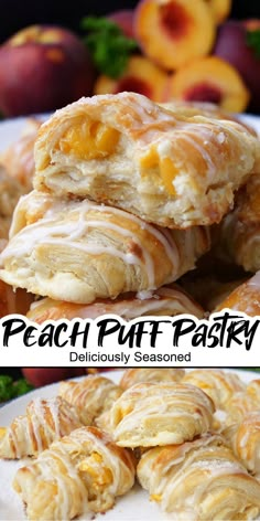 A double collage photo of peach puff pastries on a white plate. Peach Puff Pastry, Peaches Cream Cheese, Cream Cheese Puffs, Peach Dessert Recipes, Sweet Glaze, Cheese Puff Pastry