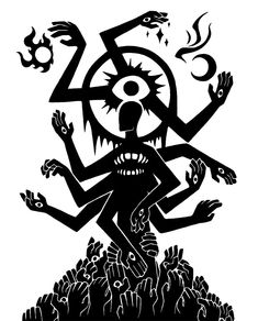 a black and white drawing of a demon with his hands in the air, surrounded by other