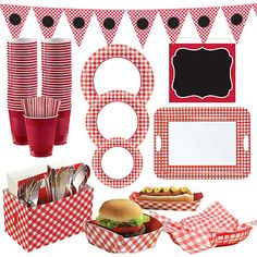 red and white party supplies including paper plates, napkins, hotdog buns