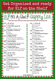 an elf's list with the words get organized and ready for elf on the shelf