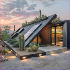 an unusual house with cactus and succulents on the roof is lit up at night