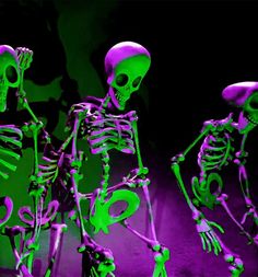 three skeletons in neon green and purple glow against a black background, with one skeleton holding the other's hand