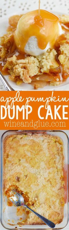 pumpkin dump cake in a glass baking dish with an orange and white sign above it