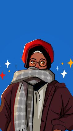 a drawing of a person wearing a red hat and scarf with stars in the background