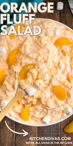 Closeup overhead shot of bowlful of orange fluff salad with mandarin oranges and marshmallows. Orange Recipes Dessert, Jello Fruit Salads, Greek Pasta Salad Recipe, Pea Salad Recipes