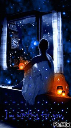 a woman sitting on a window sill looking out at the night sky and stars