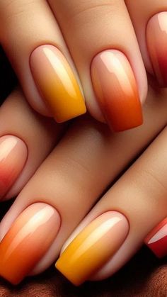 “🌅 Warm Ombre Sunset Nails 🌅 Get inspired by these beautiful ombre nails that perfectly capture the warmth of a sunset! Featuring a seamless blend of rich reds, oranges, and yellows, these glossy square-shaped nails are ideal for adding a cozy yet bold touch to your look. Perfect for fall or any season where you want to radiate warmth and elegance. 💅✨ #OmbreNails #FallNailDesign #SunsetNails #WarmTones #NailInspiration”  Feel free to modify it to match your style! Fall Nail Designs Ombre, Sunset Nails Ombre, Orange Gel Nail Designs, Ombre Orange Nails, Ombre Fall Nails, Fall Nails Ombre, Fall Ombre Nails, Orange Ombre Nails