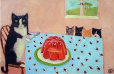 a painting of cats sitting at a table with food on it and one cat standing next to the plate