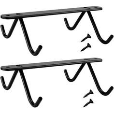 two black metal shelf brackets with screws