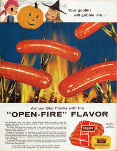 an old advertisement with hot dogs and pumpkins