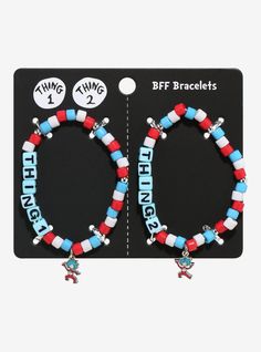 Show off your bond with your bestie with these playful Dr. Seuss bracelets! This set features blue  white and red beaded bracelets that spell out "Thing 1" and "Thing 2" with matching charms. AcrylicSet of 2Imported Thing 1 Thing 2 Bracelets, Matching Bracelet Ideas For Best Friends, Bff Bracelets Ideas, Diy Best Friend Bracelets, Clay Bracelet Ideas Matching, Cute Matching Bracelets For Best Friends, Cool Bracelet Ideas With Beads, Cartoon Bracelet Ideas