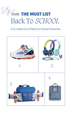 the back to school book with headphones, backpack and other items in blue colors