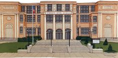 a drawing of a building with steps leading up to the front door and flagpoles