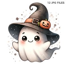 a cute ghost with a pumpkin on its head