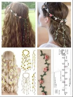 some hair accessories and flowers on display in different pictures, including one with long hair