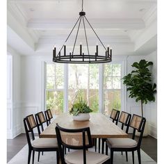 a dining room table with chairs and a potted plant on top of the table