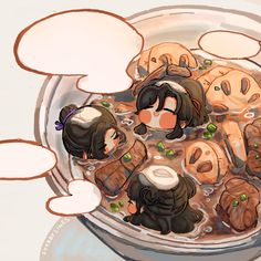 a bowl filled with lots of food on top of a white table next to speech bubbles