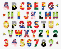 the letters and numbers are designed to look like superheros in different colors, shapes, and sizes