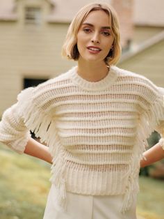 A cozy crewneck that's all about texture, the Aleksandra is crafted in a soft baby alpaca blend, outlined in playful fringe trim. | J.McLaughlin Women's Aleksandra Sweater Ivory, Size Medium | Wool/Polyamide Western Sweater, Western Sweaters, J Mclaughlin, Women's Sweaters, Soft Baby, Baby Alpaca, Fringe Trim, Fall Collections, Baby Soft