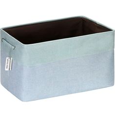 a blue storage box with a tag on it