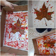 four different pictures of fall leaves with melted paint and sprinkles on them