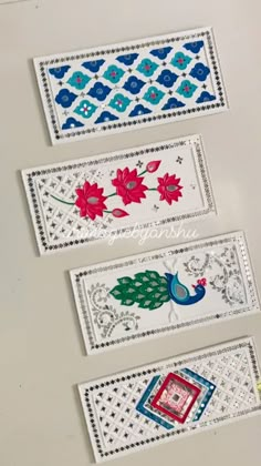 three pieces of paper with different designs on them