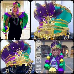 the collage shows three different pictures of a woman in mardi gras costume