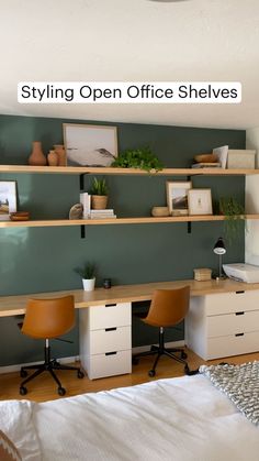 a bedroom with shelves and desks in it