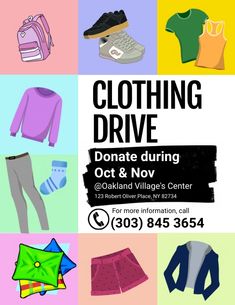 an advertisement for clothing drive with clothes and shoes on the front, in different colors