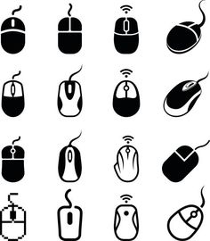 computer mouse icon set in black and white with different types of mice on each one