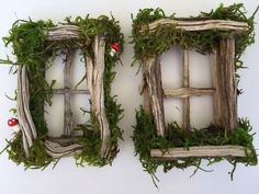 two wooden frames with moss growing on them