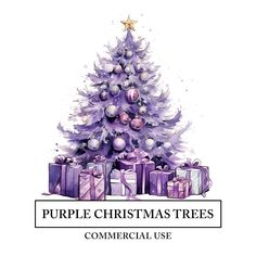 a purple christmas tree with presents under it and the words, purple christmas trees commercial use