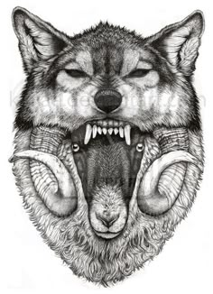 a drawing of a wolf with its mouth open and two horns in front of it