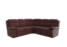 a brown leather sectional sofa with two recliners on the bottom and one end