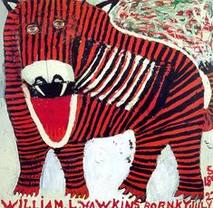 a painting of an elephant with red and black stripes on it's body, standing in front of a white background