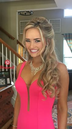 Up Prom Hair, Half Up Prom Hair, Hair With Waves, Pink Prom Dresses Mermaid, Hair Lookbook, Pageant Hair, Hair Messy, Prom Hair Updo, Half Up Half Down Hair Prom