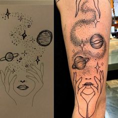 two different tattoos on the left arm and one with an image of planets in it