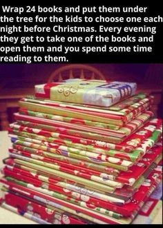 a stack of books sitting on top of each other with the caption, wrap 24 books and put them under the tree for the kids to choose one