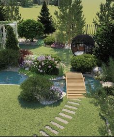 an aerial view of a garden with steps leading to a gazebo