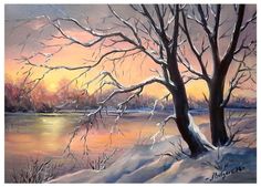 a painting of snow covered trees and water at sunset with the setting sun in the distance