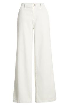 Utility-inspired pockets add a vintage-meets-modern vibe to high-rise, full-length wide-leg pants made from sun-faded stretch twill. 32" inseam; 22" leg opening; 12" front rise; 15" back rise (size 8) Zip fly with button closure Front slant pockets; back patch pockets 97% cotton, 3% spandex Machine wash, tumble dry Imported Not available for sale and shipment to Germany White Dress Pants Women, White Winter Pants, Cotton High-waisted Flare Jeans For Work, Cotton Wide Leg Pants With Five Pockets For Spring, Spring Cotton Wide Leg Pants With Five Pockets, White Wide-leg Flare Jeans For Fall, Chic Cotton Wide Leg Pants With Five Pockets, Spring Modern Wide Leg Pants, Summer Wide Leg Full Length Pants With Five Pockets