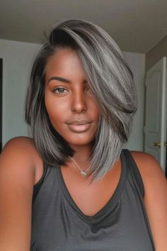 30 Grey Hair on Dark Skin Ideas - Stylish Hair Ideas Short Hair Color With Highlights, Gray Hair Growing Out Black Women, Titanium Hair Color Black Women, Brunette And Platinum Hair, Silver Hairstyles For Black Women, Transitions To Gray Hair, Black Women Medium Hairstyles, Mid Length Weave Black Women, Grey Pixie Haircut Black Women