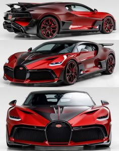 the bugatti supercar is shown in three different views, including red and black