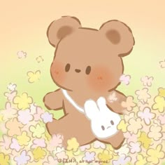 a brown teddy bear holding a white mouse in its paws and surrounded by pink flowers