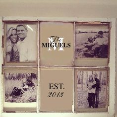 an old window frame with photos and the words, the miguels est 2013 on it