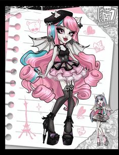 a drawing of a girl with pink hair and black shoes, in front of a notepad