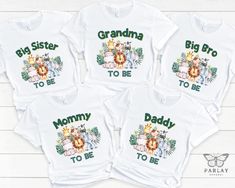 Looking for unique Baby Shower ideas? Well, matching family baby shower shirts are the perfect way to celebrate your exciting baby shower. These shirts will be a hit at your baby shower and we can customize to fit your needs.   Our designs are printed on high-quality gender-neutral shirts made of soft cotton. They are super soft, cozy, durable and come in unisex sizes.  *Need a specific size or COLOR? Send us a message & we will do our best to make it happen for you Please Note: Rolled sleeves i Matching Custom Print Tops For Gender Reveal, Family Matching Tops With Custom Print For Gender Reveal, Custom Print Tops For Family Matching At Gender Reveal, Baby Shower Shirts For Family, Safari Jungle Theme, Jungle Theme Baby Shower, Zoo Baby Shower, Jungle Safari Animals, Baby Shower Shirts