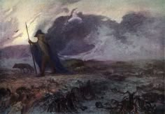 a painting of a man standing on top of a hill