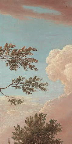 a painting with birds on a tree branch in the foreground and clouds in the background