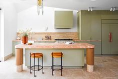 two stools sit at the center of a kitchen island